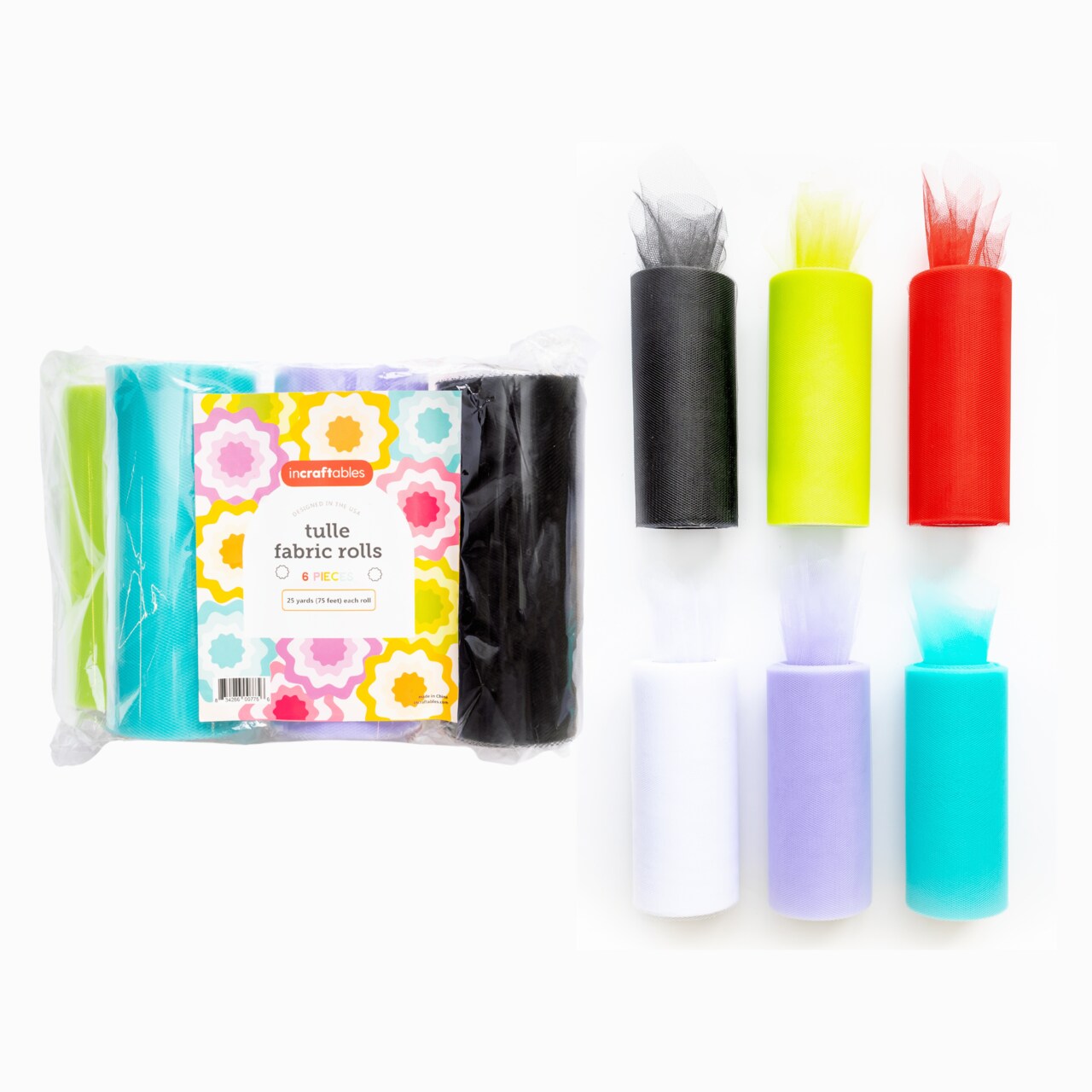 Incraftables Tulle Fabric 6 Rolls (25 Yards per Roll). Best Tulle Ribbon for Gift Wrapping, Wedding Decor, Party Decorations & Crafts (Rainbow Colors - Red, Black, White, Purple, Green & Aqua Blue)